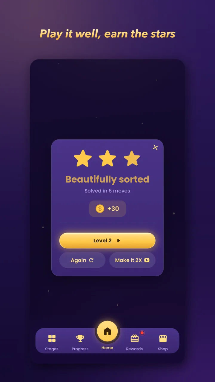 The level complete card, three stars and thirty coins, under the line “Play it well, earn the stars”
