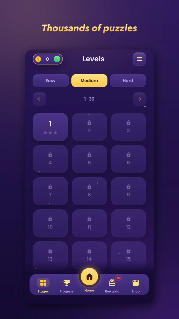 The medium level grid, levels 1 to 30, under the line “Thousands of puzzles”