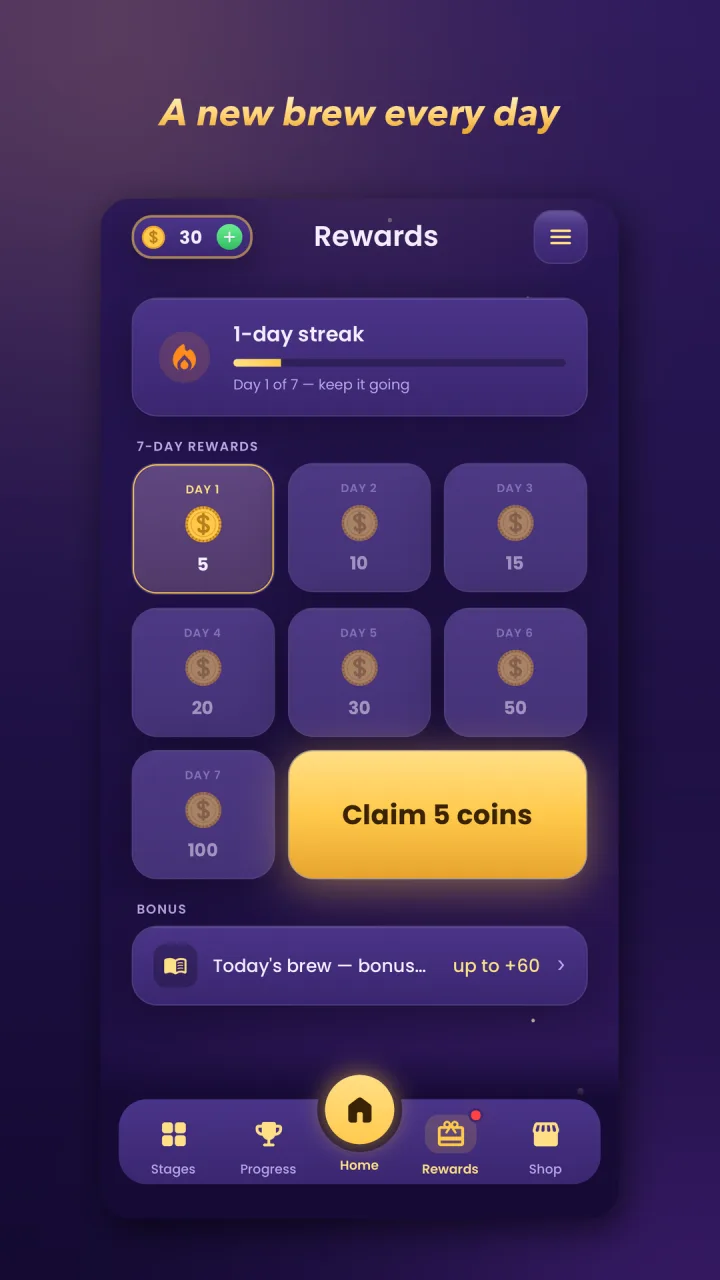 The rewards screen with a one-day streak and the seven-day coin ladder, under the line “A new brew every day”