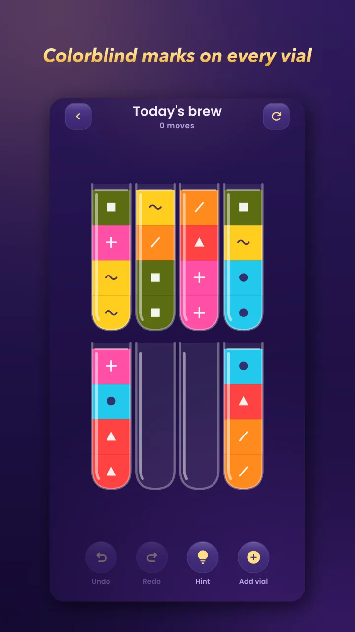The same board with colorblind marks on every band, under the line “Colorblind marks on every vial”